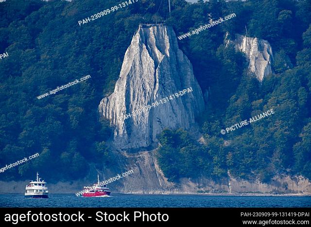 09 September 2023, Mecklenburg-Western Pomerania, Sassnitz: View of the chalk cliff ""Königsstuhl"" on the island of Rügen in the Jasmund National Park near...