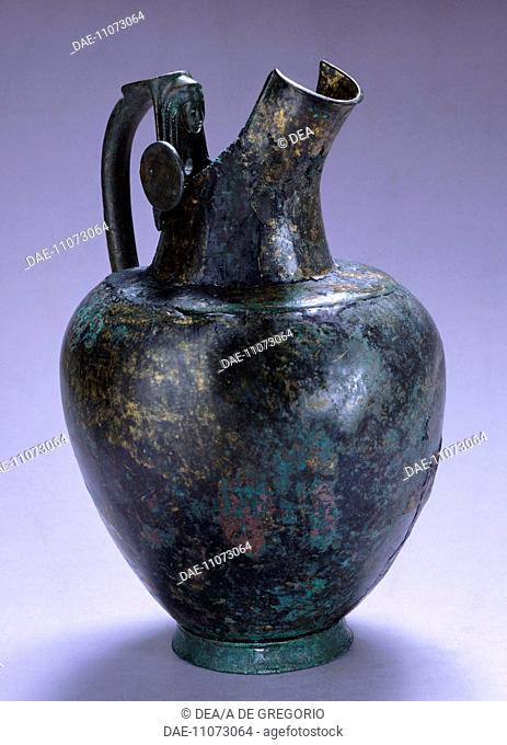 Oinochoe with a Corinthian spout, bronze from Belsh (Albania). Greek Civilization, 6th Century BC.  Tirana, Museo Archeologico
