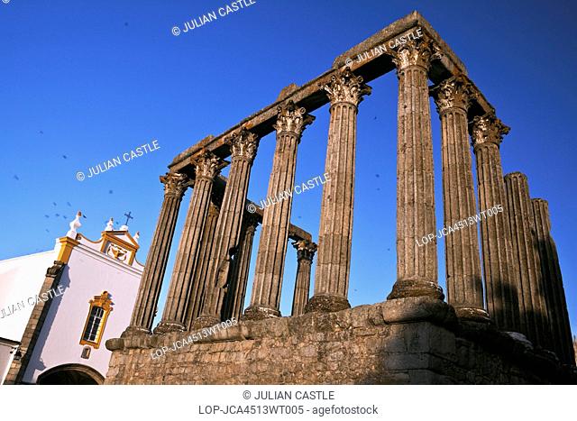 Portugal, Alentejo, Evora. San Joao Evangelista church and ruins of the Roman Temple of Diana Evora