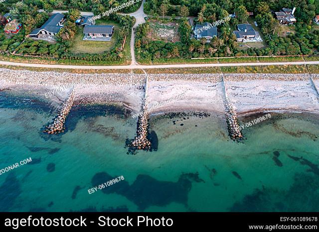 Villingebaek, Denmark - July 22, 2021: Aerial view of coastal protection in North Zealand