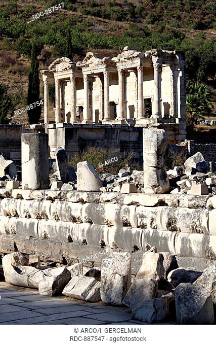 View of The library of Celsus from Marble street. The library of Celsus is an ancient building in Ephesus, Izmir, Turkey