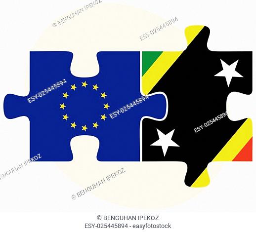 European Union and Saint Kitts and Nevis Flags in puzzle isolated on white background