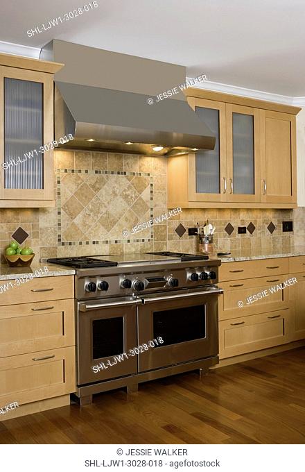 KITCHEN: contemporary mixed with Arts and Crafts, casual , detail of stainless steel range and exhaust hood