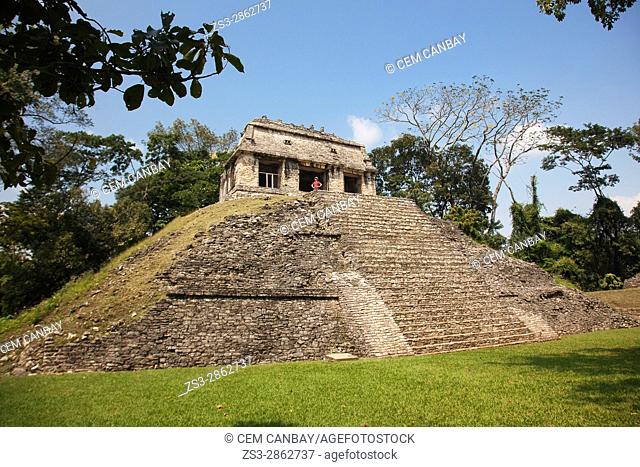 Tourist standing near the Temple of Conde-Templo del Conde in Palenque Archaeological Site, Palenque, Chiapas State, Mexico, Central America