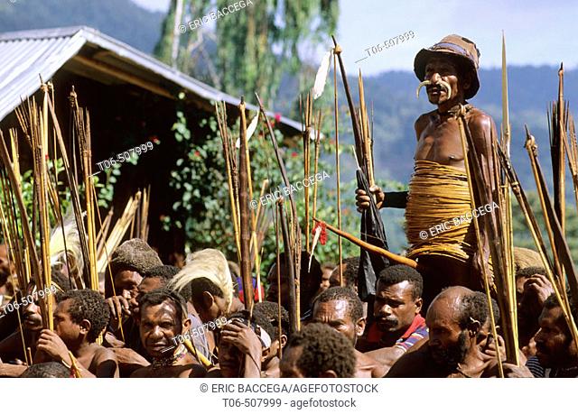 Yalis man wearing with penis case and ratan girdle during celebration, Western Papuasia, Former Irian-Jaya, Indonesia