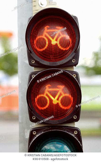 Double traffic lights showing red for bicycles at a street in Kiel, Northern Germany, Europe