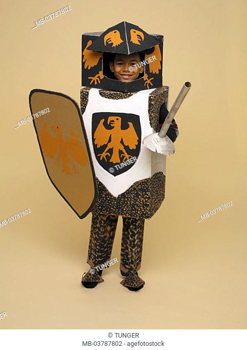 Child, carnival outfit, knight armament,  myself-done handicrafts  Carnival, carnival, Shrovetide, boy, 9 years, laughing, happily, contentedly, disguise