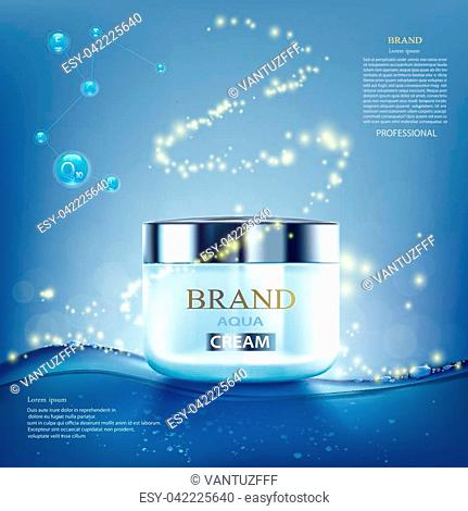 Packing cream with vitamins, aqua and coenzyme. Cosmetic brand design. Stock vector illustration