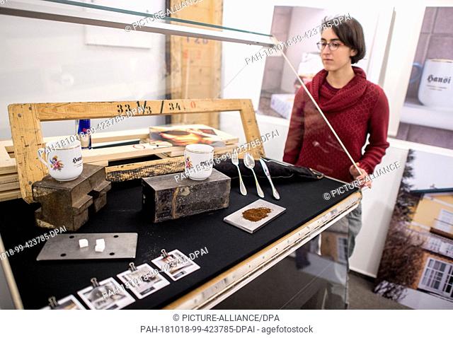 17 October 2018, Lower Saxony, Hanover: An employee is looking at a showcase with several objects from the possession of the late musician Falco in the...