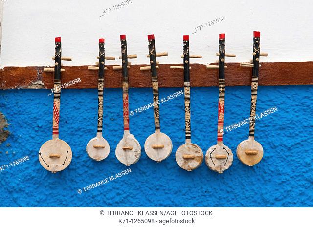 Stringed musical instruments displayed in the Oudayas Casbah in Rabat, Morocco