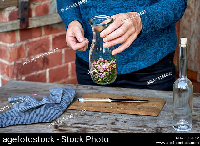 woman holds a glass bottle with crushed echinacea over a wooden board on a wooden table