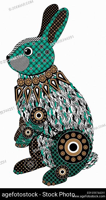 Colorful stylized rabbit in black, green and brown tones. Bitmap in cheap popular style