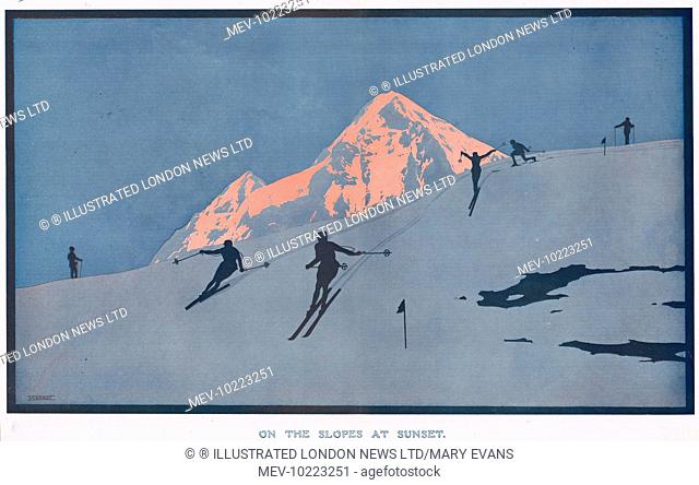 An winter scene showing silhouettes of skiers skiing downhill