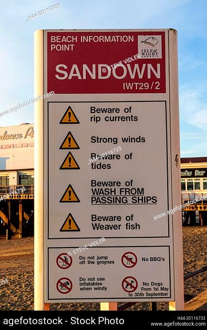 England, Isle of Wight, Sandown, Sandown Beach, Beach Information Point Sign Warning of Potential Dangers