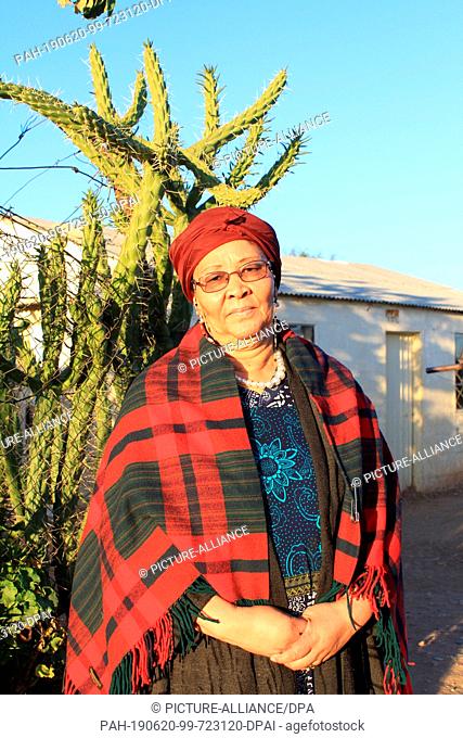 03 June 2019, Namibia, Windhuk: The activist from the Nama tribe, Ida Hoffmann (72), a member of parliament, stands in the Katutura district of Windhuk in the...