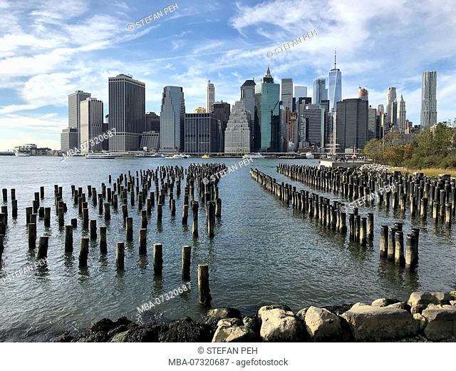 View at Lower Manhattan from Brooklyn park, New York city