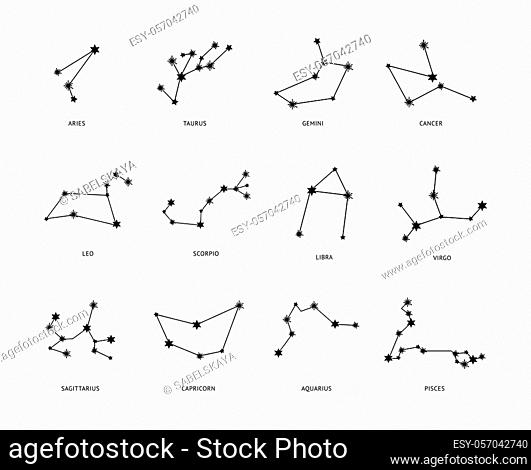 Twelve zodiac constellations signed with names vector illustration in sketch style isolated on white background. Astronomy horoscope black and white symbols