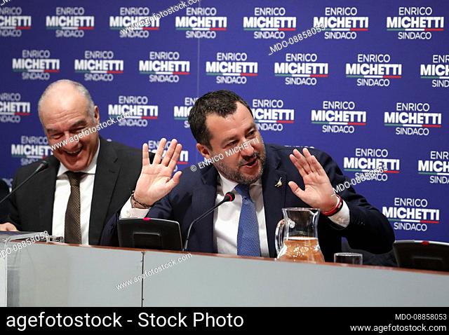 The center-right candidate for mayor of Rome Enrico Michetti and the leader of the Lega Matteo Salvini during a press conference at the Temple of Hadrian in...