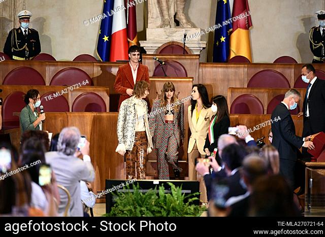 Members of Maneskin band in Rome's city hall Campidoglio to receive the Lupa Capitolina (She-wolf Capitoline) award , Rome, ITALY-27-07-2021