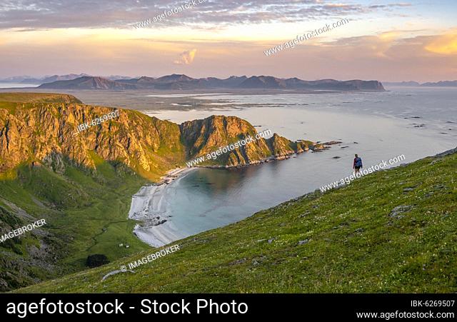 Evening atmosphere, hiker on a mountainside, beach and sea, hiking to Måtinden, near Stave, Nordland, Norway, Europe