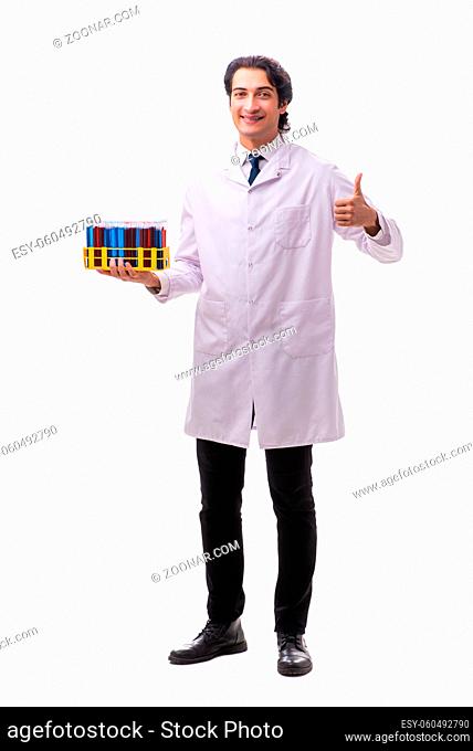 Young chemist isolated on white background