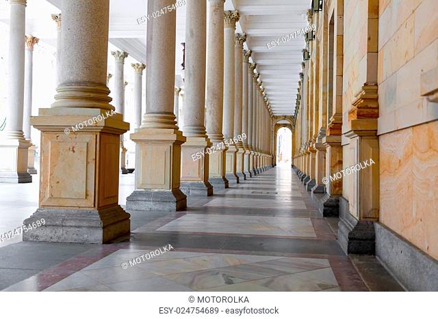 KARLOVY VARY (CARLSBAD), CZECH REPUBLIC - DECEMBER 8, 2014: The Mill colonnade in Karlovy Vary (Carlsbad) -- famous spa city in western Bohemia