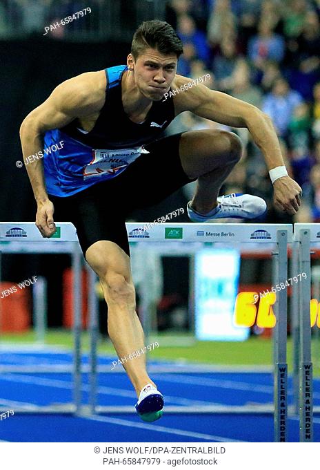 Runner Erik Balnuweit in the 60 metres hurdles at the ISTAF indoor athletics event at the Mercedes-Benz-Arena in Berlin, Germany, 13 February 2016