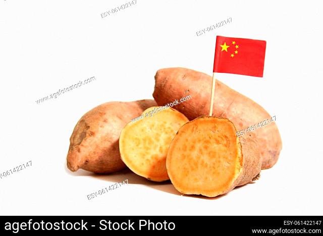 Sweet Potato Isolated on White Background With Chinese Flag