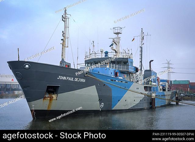 PRODUCTION - 18 November 2023, Bremen: The Captain Paul Watson Foundation's campaign ship John Paul DeJoria is moored in Bremen's coal port
