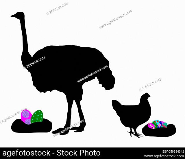 Huhn und Strauß mit Ostereiern - Hen and ostrich with easter eggs