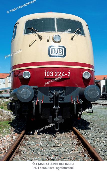 The historic electric locomotive from Deutsche Bahn (DB) series 103 with serial number 103 224 can be seen at the open air site of the Deutsche Bahn museum in...