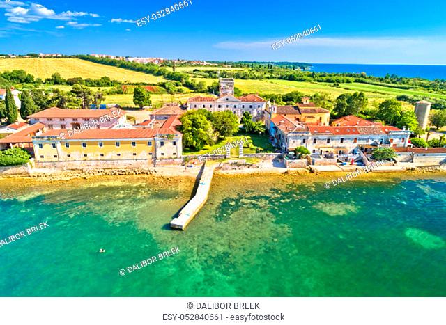 Dajla abandoned convent aerial panoramic coastline view, Istria region of Croatia
