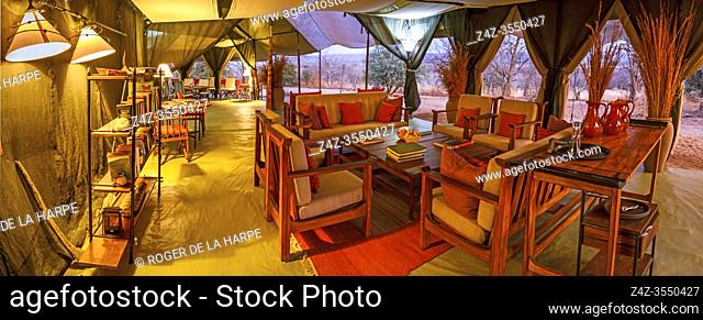 Kwihala Camp dining and lounge area. Ruaha National Park. Tanzania