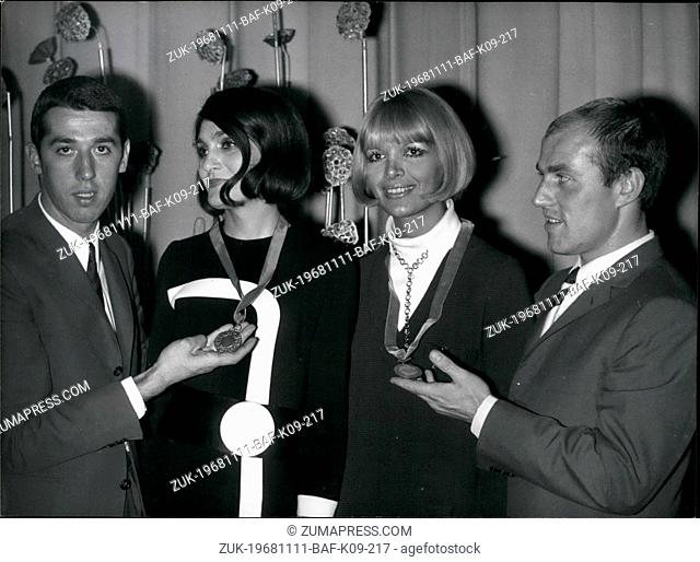 Nov. 11, 1968 - Gold Medals For Fashion Models From Olympic Medalists French cyclists Trentin and Morelon, Olympic Gold medalists
