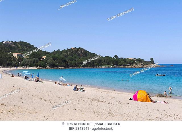Beach in the bay of Favone, Corsica, France, Europe