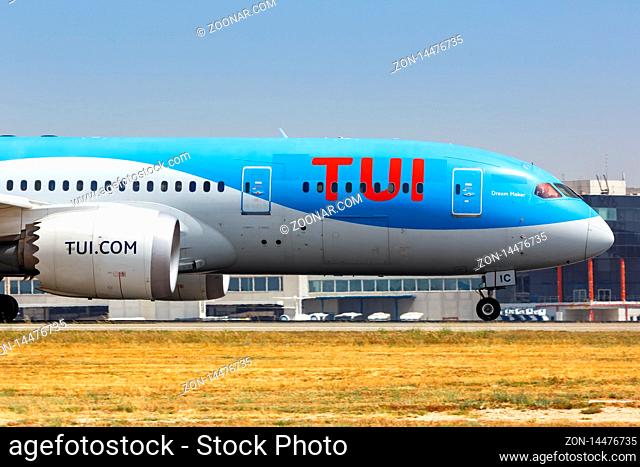 Alicante, Spain ? July 6, 2019: TUI Boeing 787-8 Dreamliner airplane at Alicante airport (ALC) in Spain