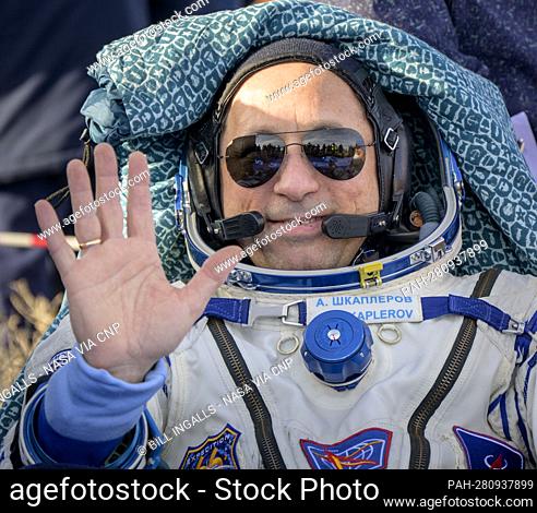 Russian cosmonaut Anton Shkaplerov is seen outside the Soyuz MS-19 spacecraft after he landed with fellow Expedition 66 crew members Russian cosmonaut Pyotr...