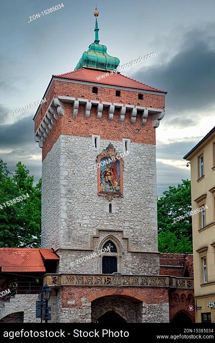 Florian's gate, main entrance Brama Florianska to old medieval city of Krakow, Poland