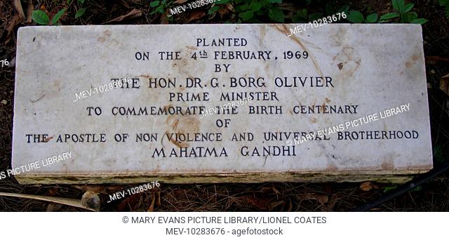 Tree planted in San Anton Gardens, Balzan, Malta, to commemorate the 100th anniversary of Mahatma Gandhi's birth: the plaque