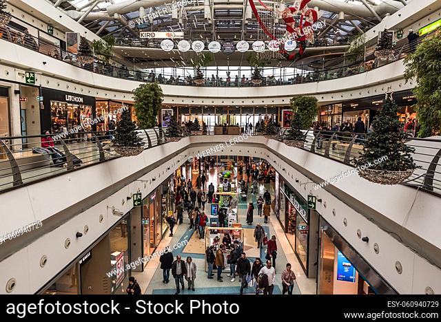 Lisbon - Portugal: Contemporary interior design of the Vasco da Gama shopping mall with Christmas decoration