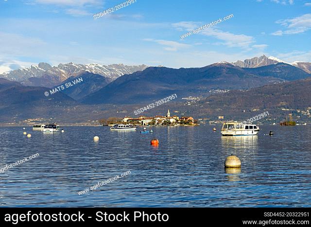 Borromean Islands on Alpine Lake Maggiore with Mountain in a Sunny Day in Stresa, Piedmont in Italy