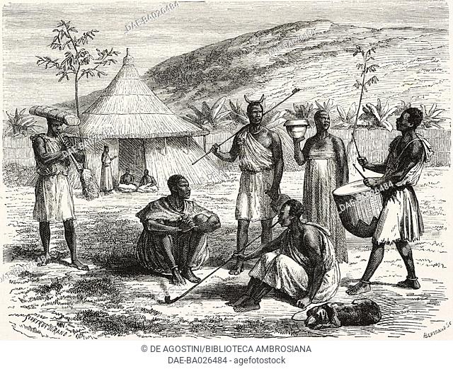 A tribal chief's home in Uganda, drawing by Godefroy Durand (1832-1895), from Journal of the Discovery of the Source of the Nile