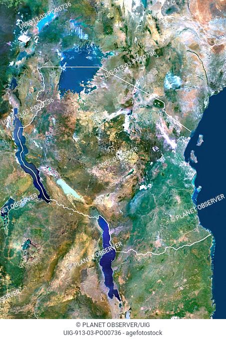 Tanzania, Africa, True Colour Satellite Image With Border. Satellite view of Tanzania with border. This image was compiled from data acquired by LANDSAT 5 & 7...