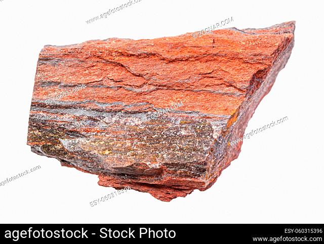 closeup of sample of natural mineral from geological collection - unpolished Jaspillite (ferruginous quartzite) rock isolated on white background