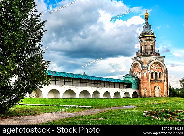 View on Candle tower in the Borisoglebsky Monastery in Torzhok, Russia