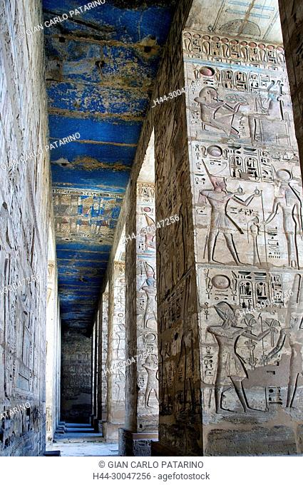 Medinet Habu, Luxor, Egypt, Djamet, mortuary temple of King Ramses III, XX dyn. 1185 -1078 B.C: colorful ceiling and columns