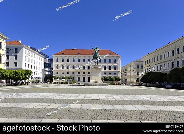 Wittelsbacher Platz with statue of Maximilian Elector of Bavaria and Siemens headquarters, Munich, Bavaria, Germany, Europe