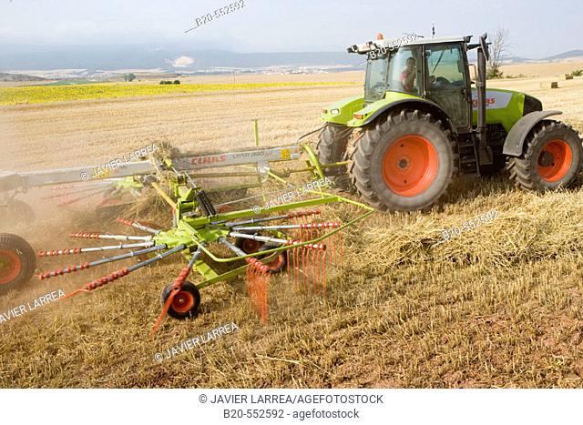 Agricultural machinery. Windrower. Harvesting of cereals,  'Learza' estate. Near Estella, Navarre, Spain