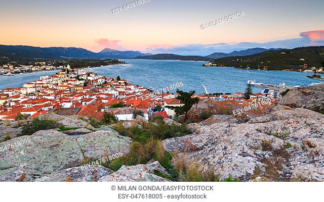 View of Poros island and Galatas village in Peloponnese, Greece.