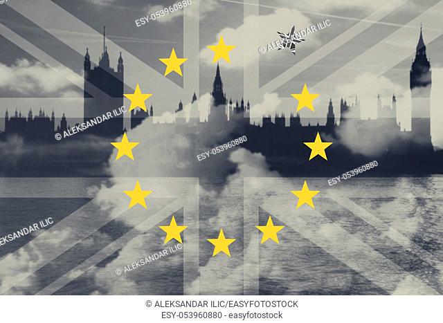 Brexit Concept. Great Britain Departing European Uniun. EU and UK Flag Against London City Background